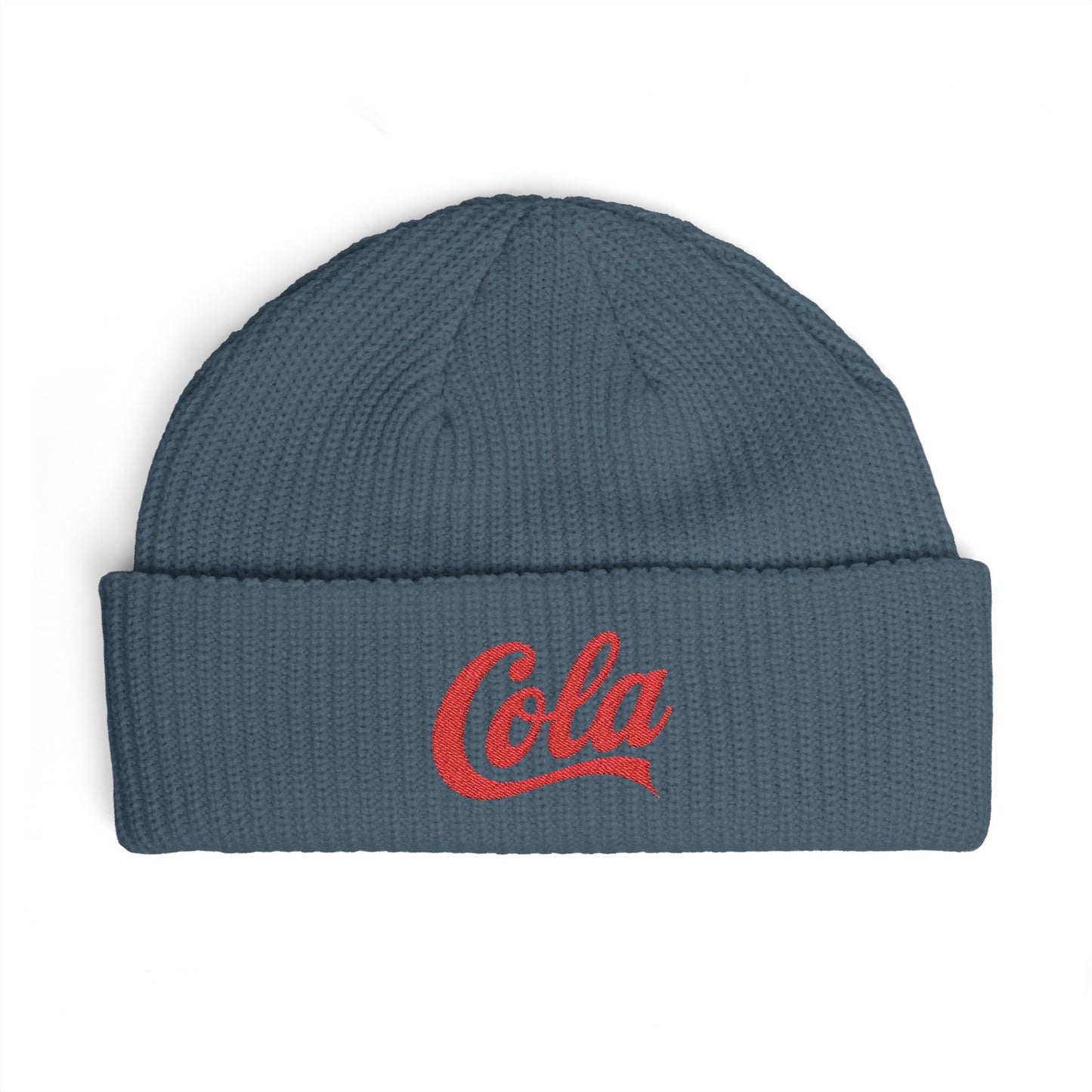Cola Cuff Beanie — Retro Script Knit Hat Hats Printify One size Petrol Blue