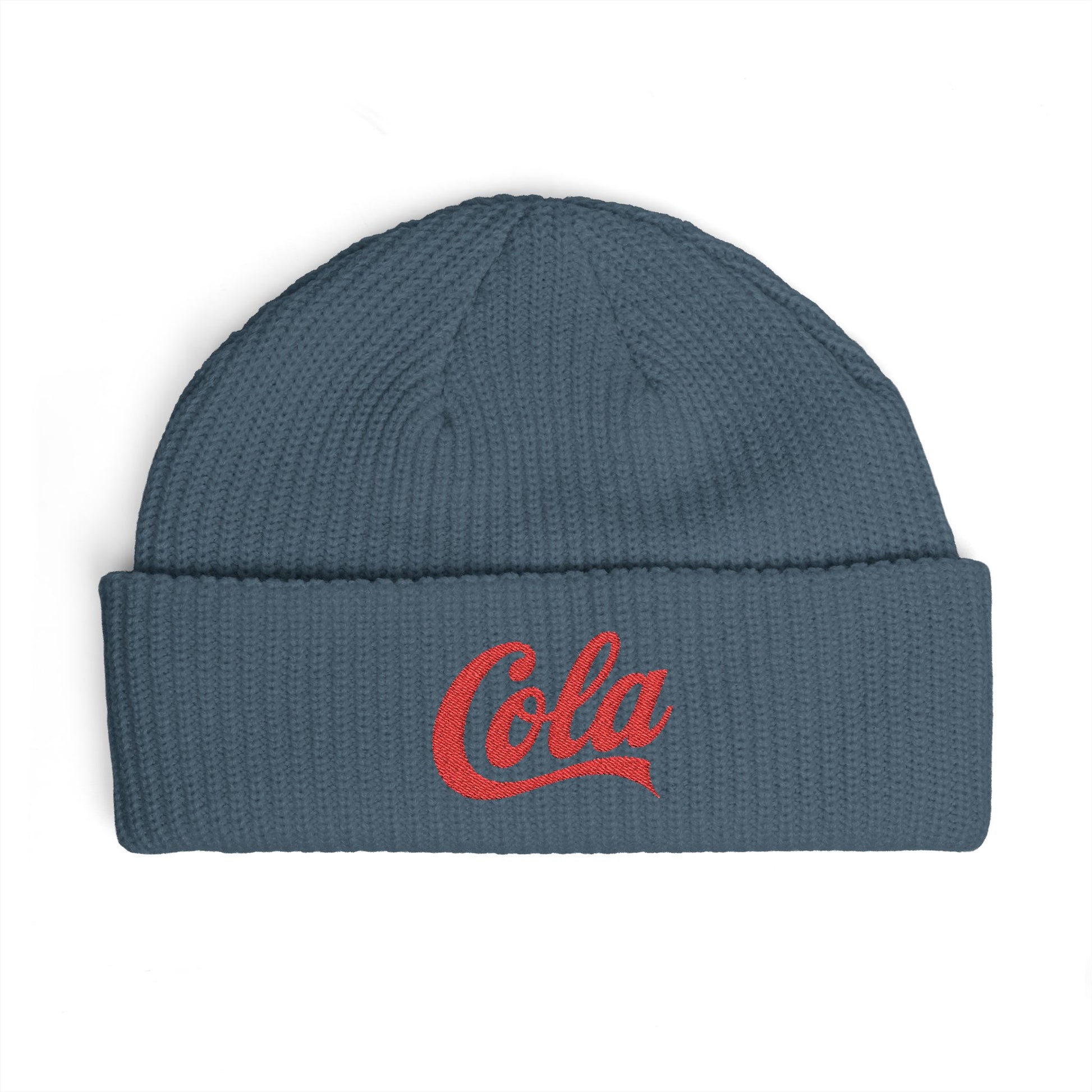 Cola Cuff Beanie — Retro Script Knit Hat Hats Printify One size Petrol Blue