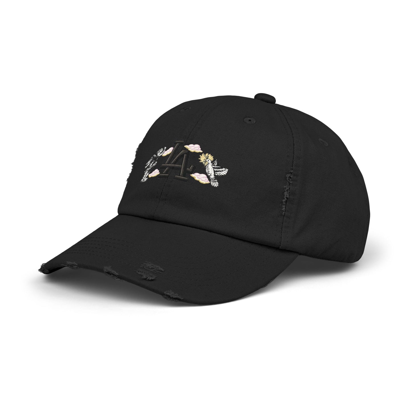 Distressed Baseball Cap — LA Logo with Angel Wings & Clouds Hats Printify