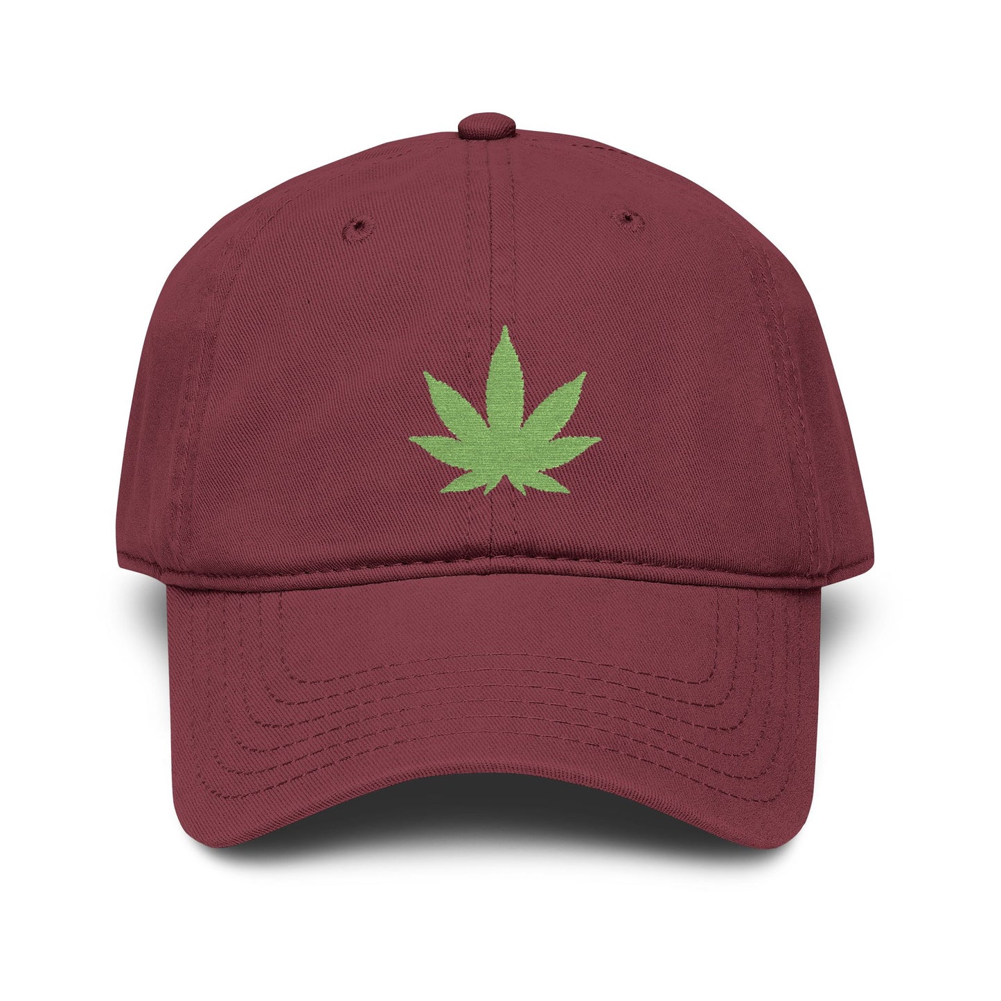 Washed Baseball Cap with Green Glitter Cannabis Leaf Embroidery Hats Printify One size Maroon