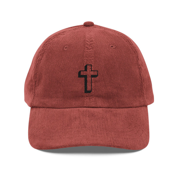 Corduroy Cross Cap — Vintage Embroidered Christian Baseball Hat Hats Printify Burgundy One size