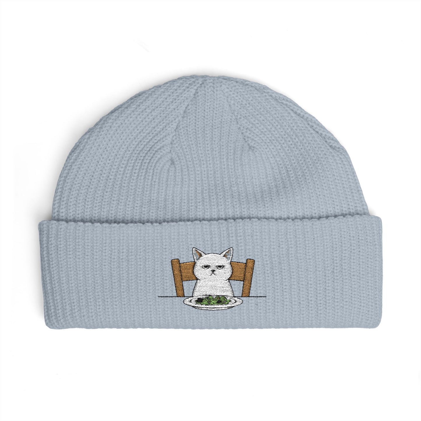 Cuffed Beanie with Embroidered White Cat on Chair – Cozy Cute Winter Hat Hats Printify One size Powder