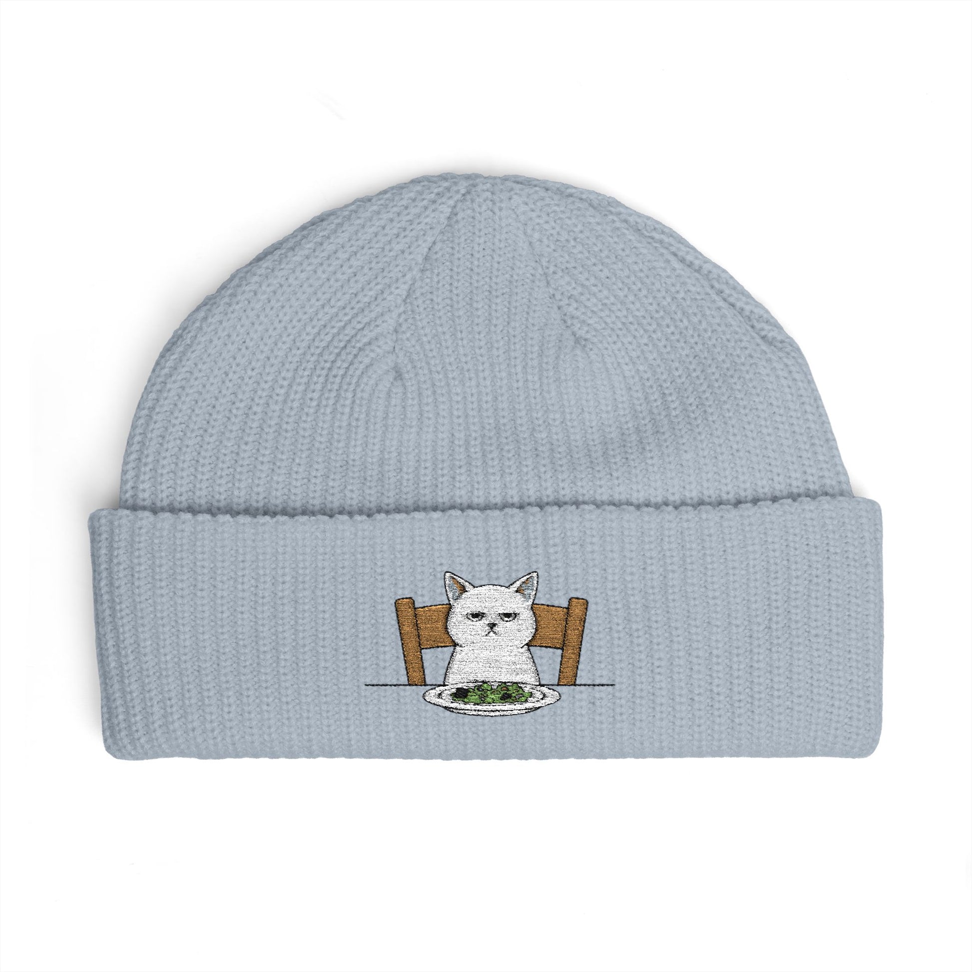 Cuffed Beanie with Embroidered White Cat on Chair – Cozy Cute Winter Hat Hats Printify One size Powder