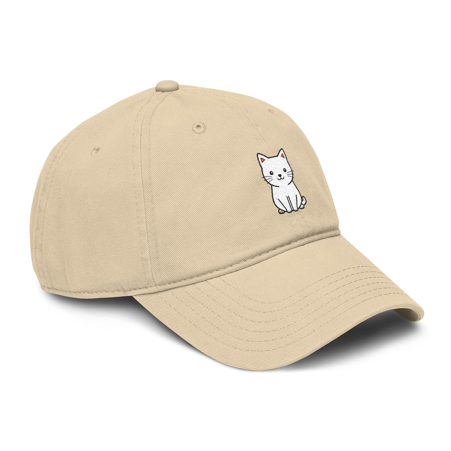 Washed Baseball Cap — Cute White Sitting Cat Embroidered Hat Hats Printify