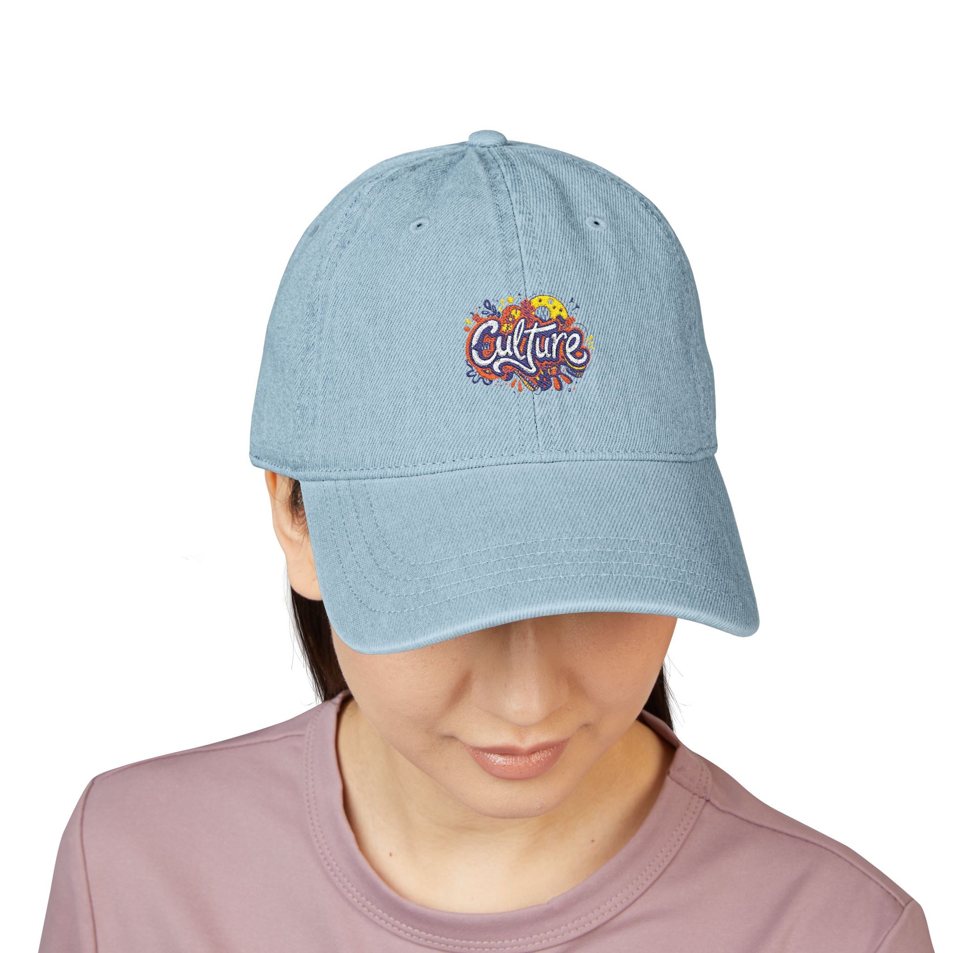 Embroidered Denim Hat — Colorful "Culture" Floral Logo Cap Hats Printify