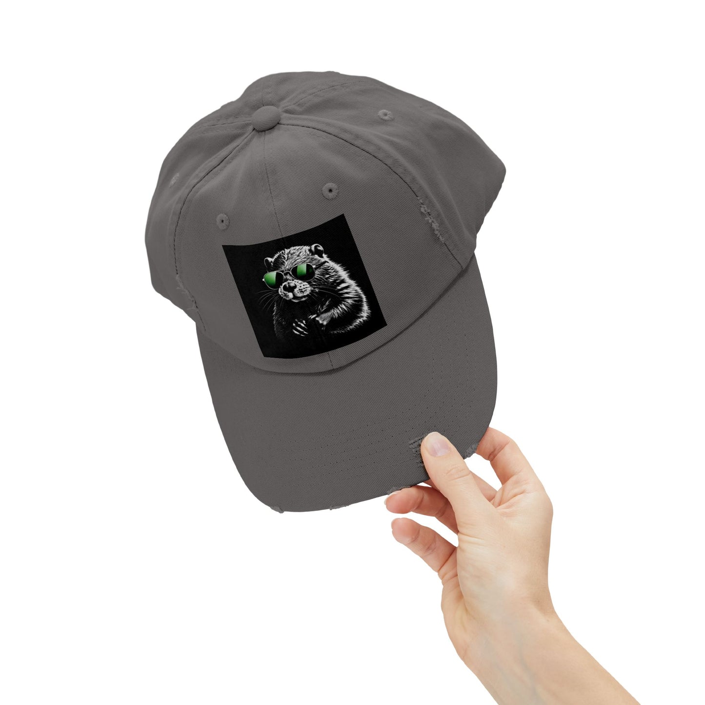 Distressed Cap — Cool Raccoon with Green Sunglasses Hat