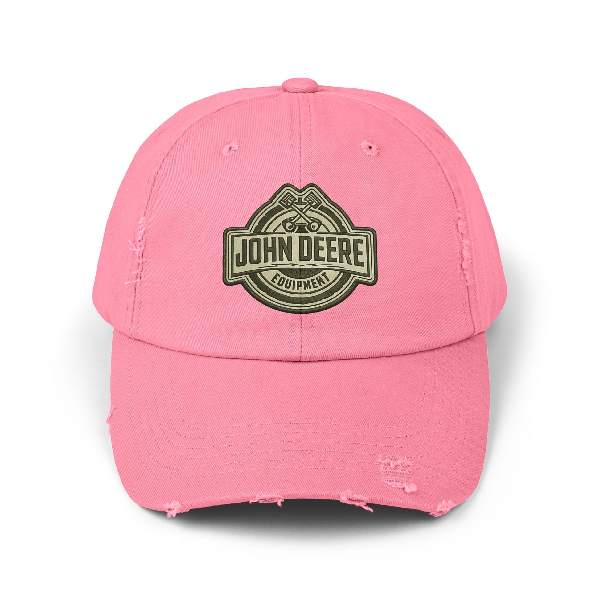 Distressed John Deere Logo Cap — Vintage Farm Equipment Baseball Hat Hats Printify True Pink One size