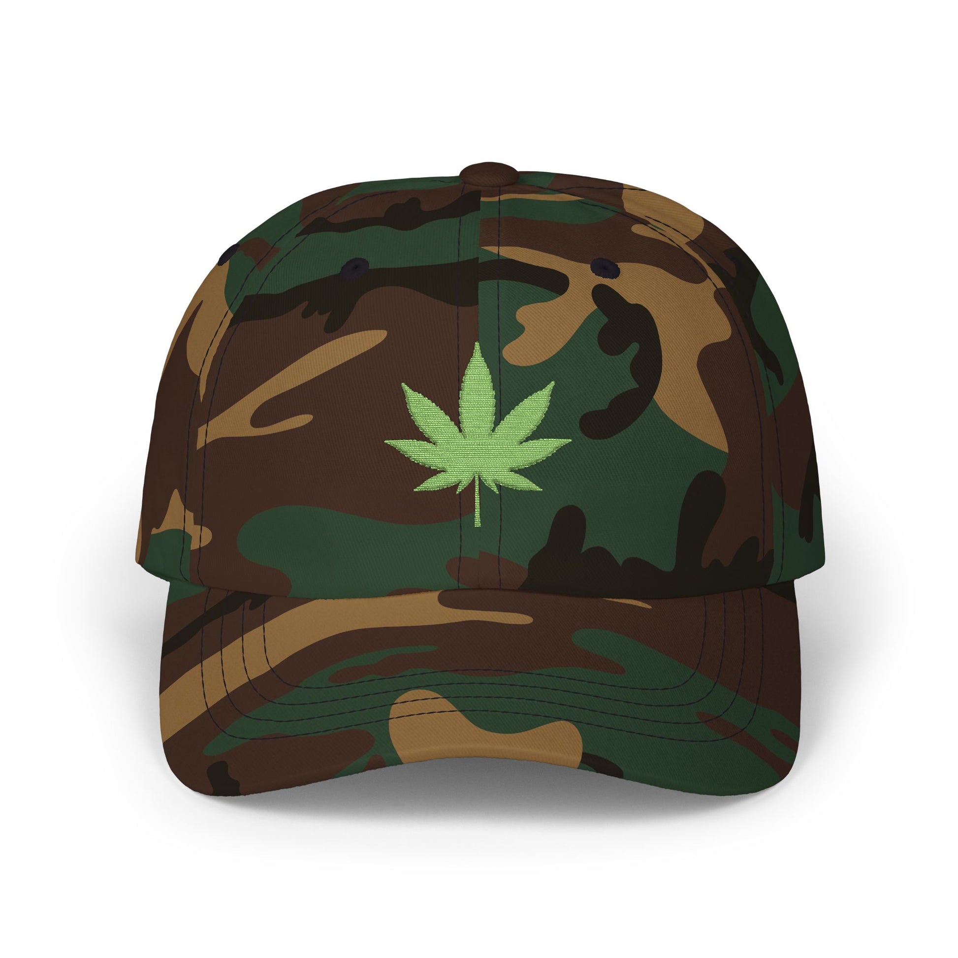 Classic Dad Cap – Embroidered Green Cannabis Leaf Baseball Hat Hats Printify Green Camo One size
