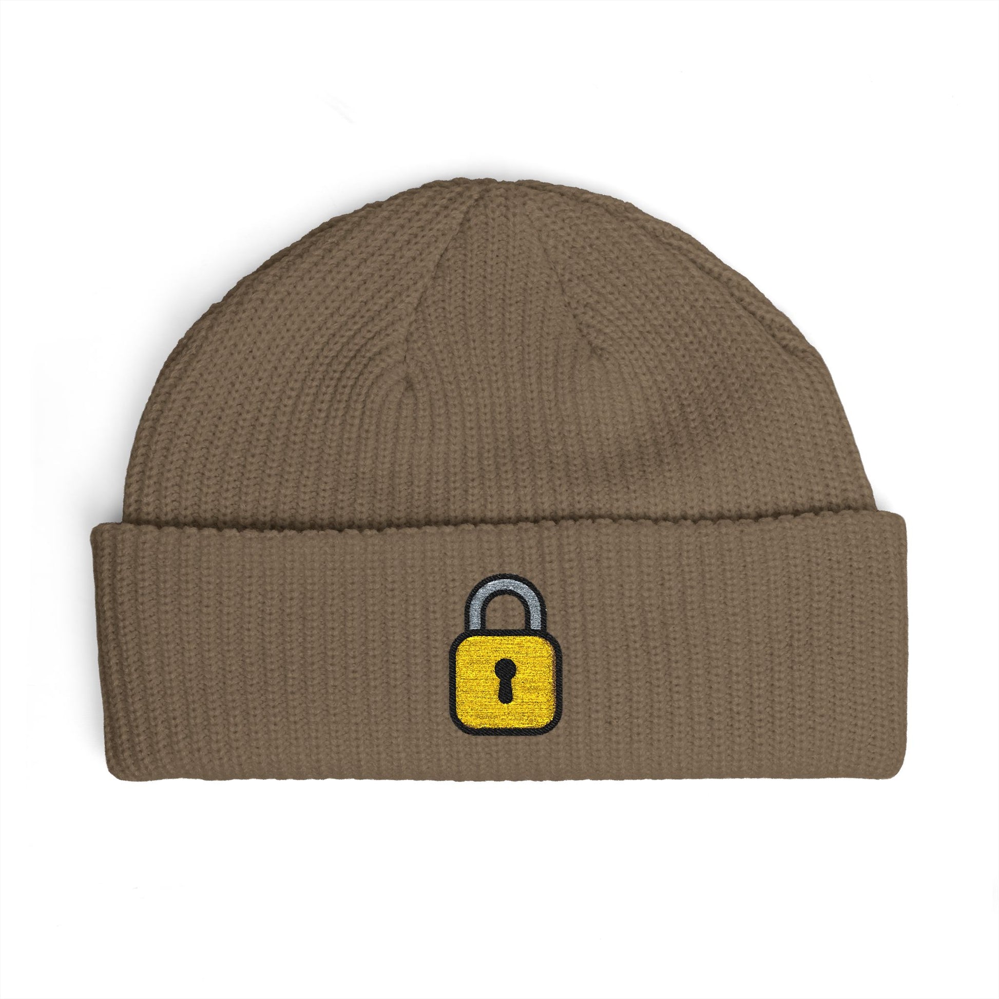 Embroidered Lock Cuff Beanie – Secure Padlock Knit Hat Hats Printify One size Walnut