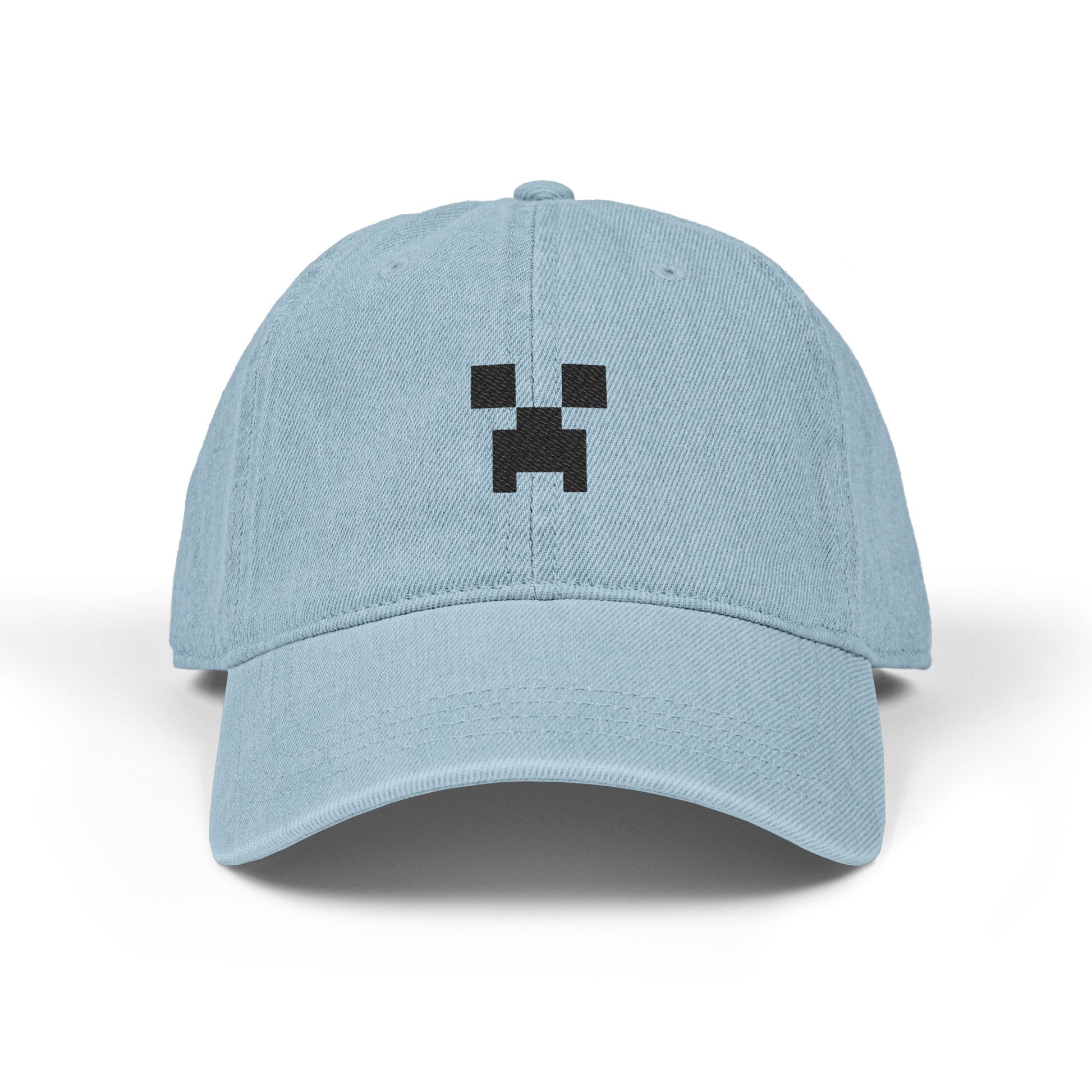 Pixel Creeper Face Hat | Embroidered Denim Baseball Hat Hats Printify One size Light Blue