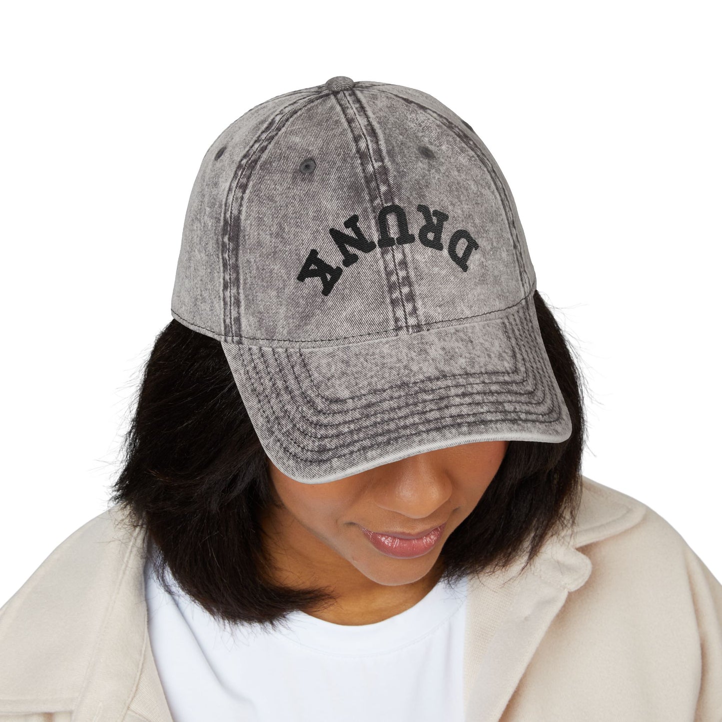 Embroidered Vintage 'DRUNK' Distressed Baseball Cap — Retro Red Cotton Hat