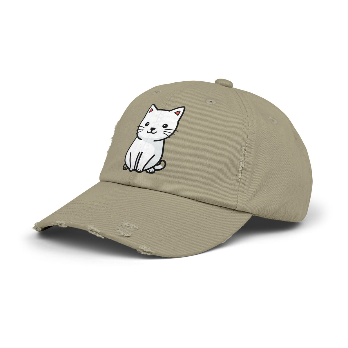 Distressed Black Cap with Cute White Cat Graphic Hats Printify