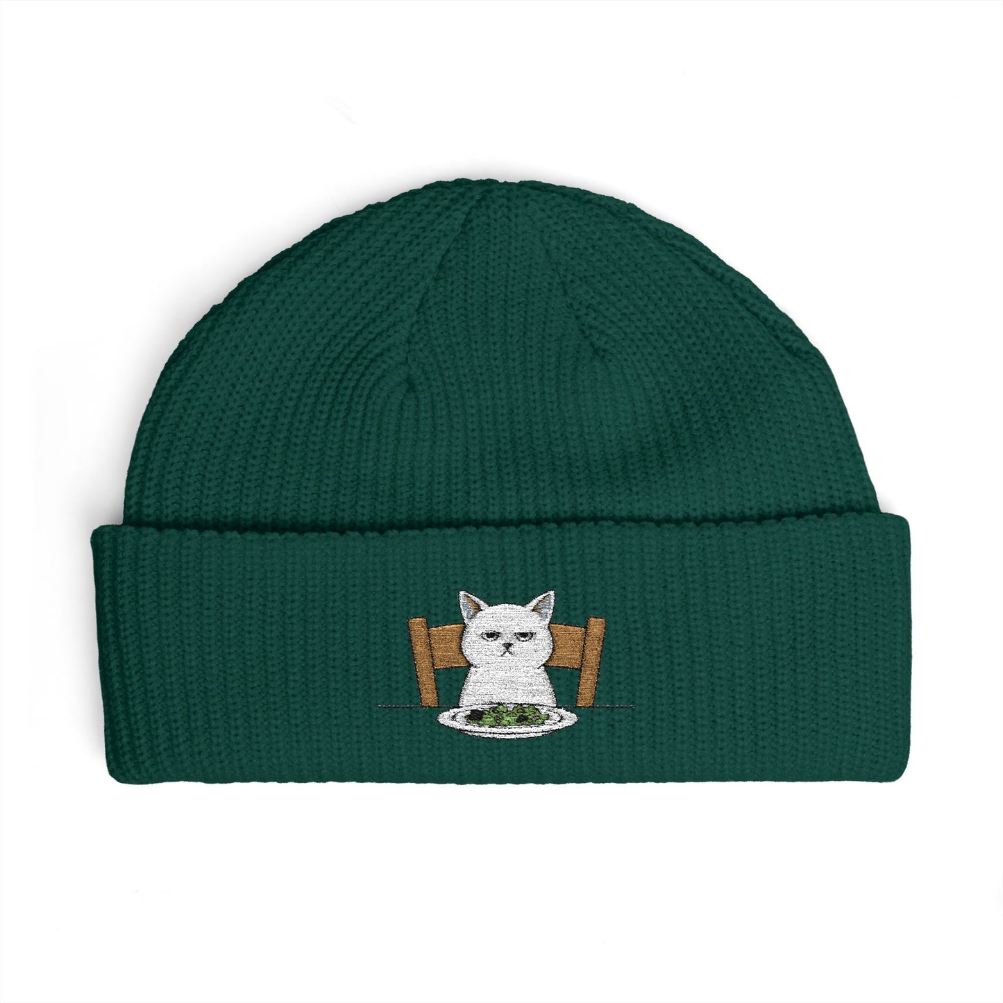 Cuffed Beanie with Embroidered White Cat on Chair – Cozy Cute Winter Hat Hats Printify