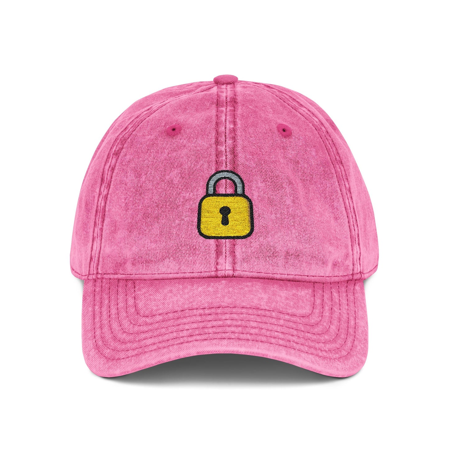 Embroidered Vintage Cap — Yellow Lock Patch Hat Hats Printify One size Pink