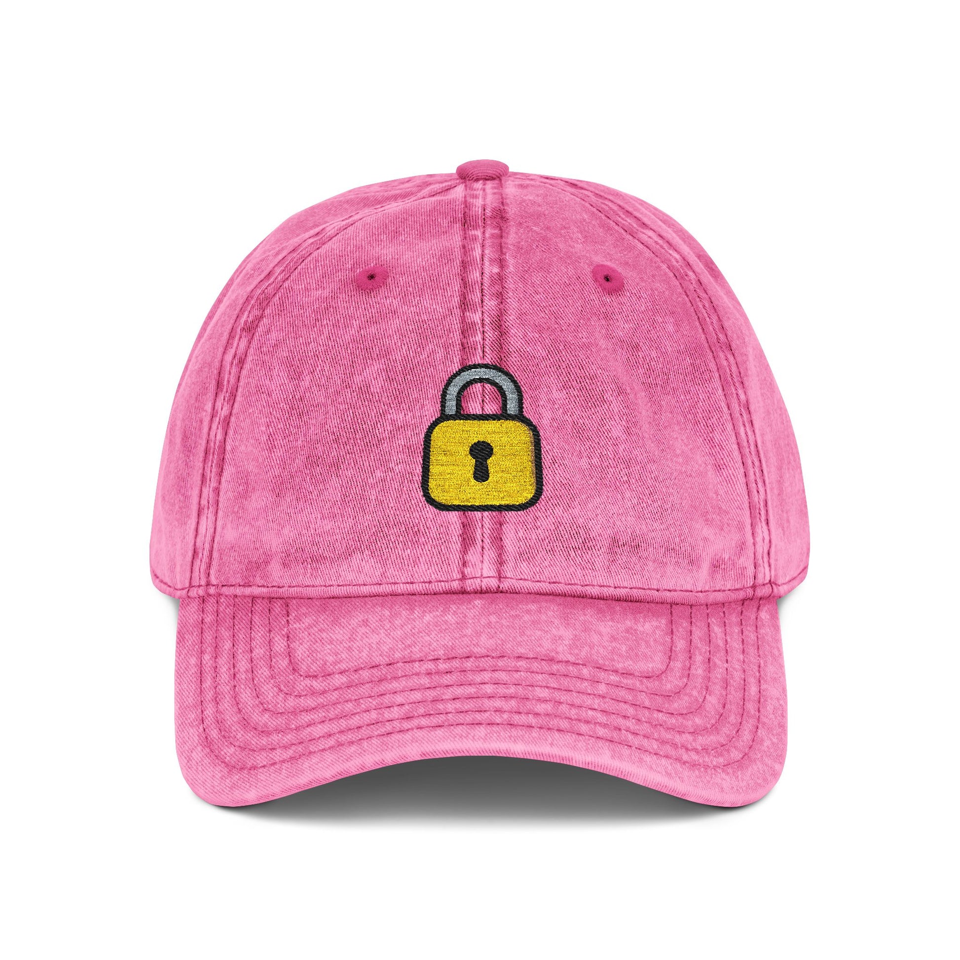 Embroidered Vintage Cap — Yellow Lock Patch Hat Hats Printify One size Pink