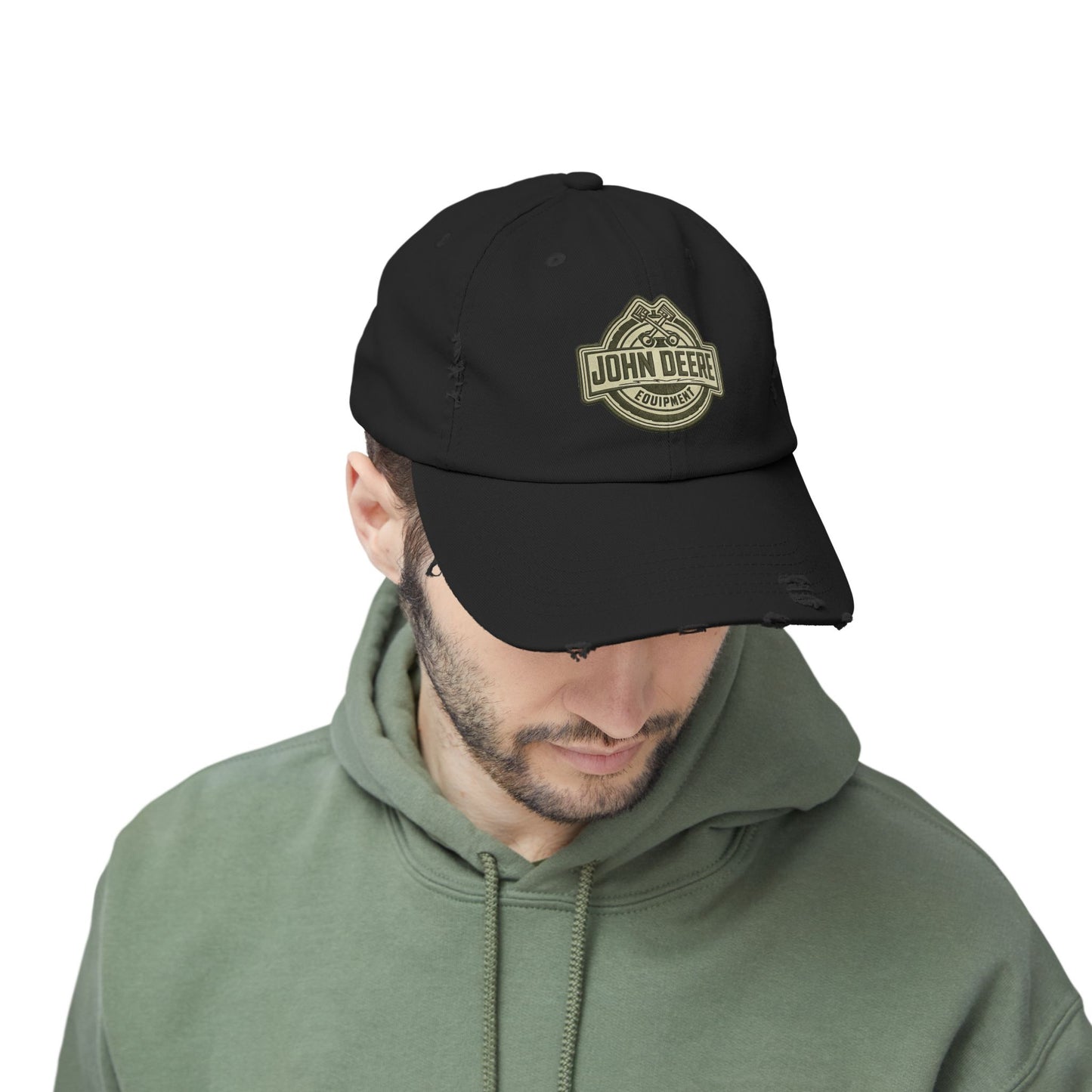Distressed John Deere Logo Cap — Vintage Farm Equipment Baseball Hat Hats Printify