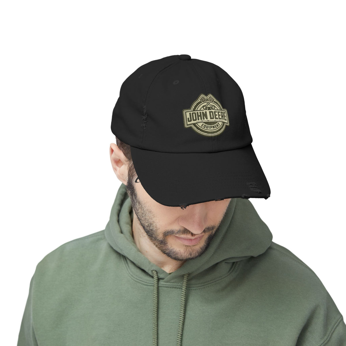 Distressed John Deere Logo Cap — Vintage Farm Equipment Baseball Hat Hats Printify