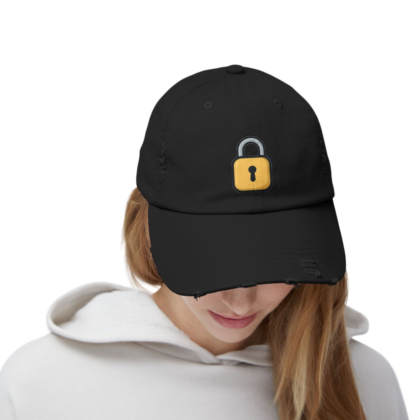 Padlock Distressed Cap — Minimal Lock Embroidered Baseball Hat Hats Printify