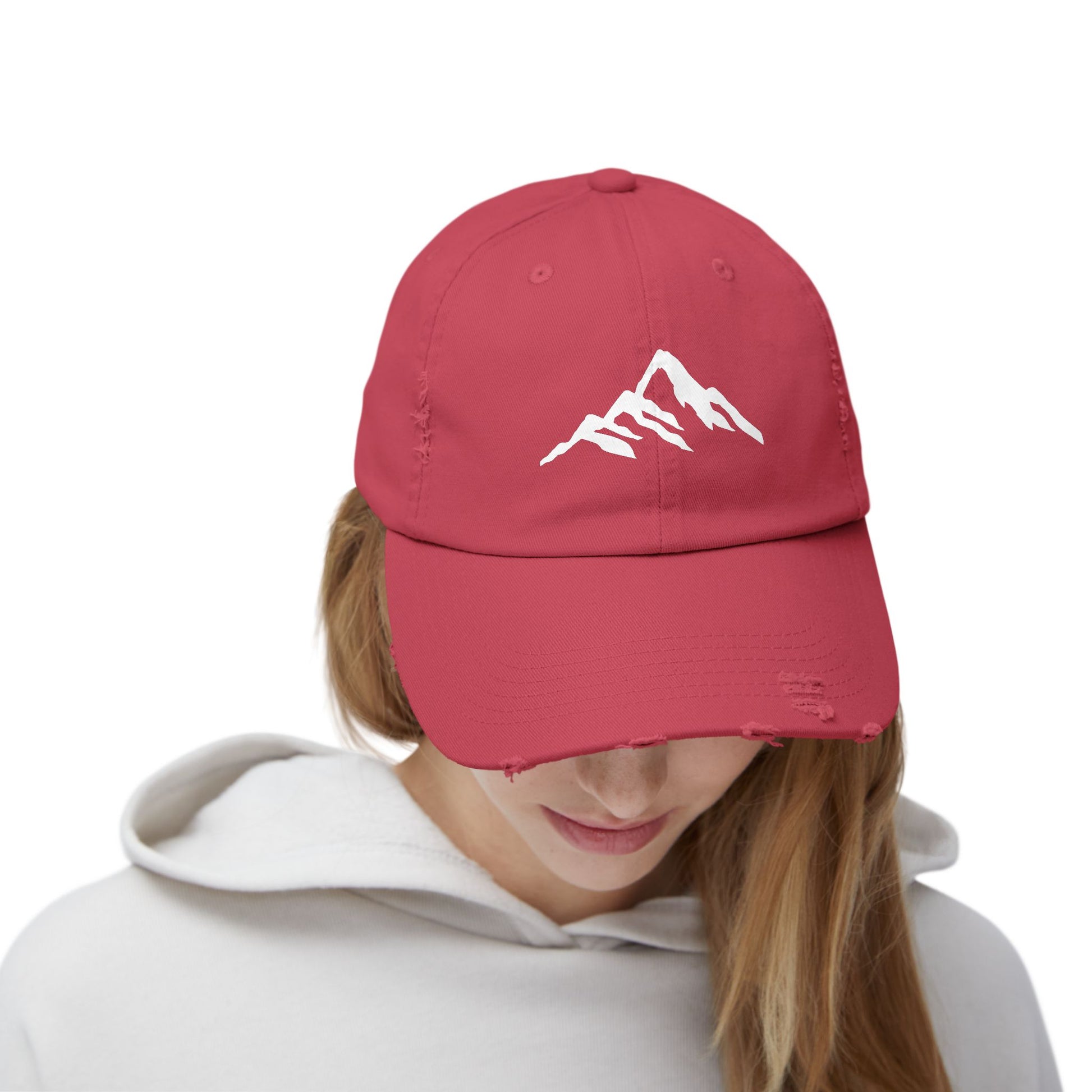 Distressed Mountain Hat — Minimal White Peak Embroidered Cap