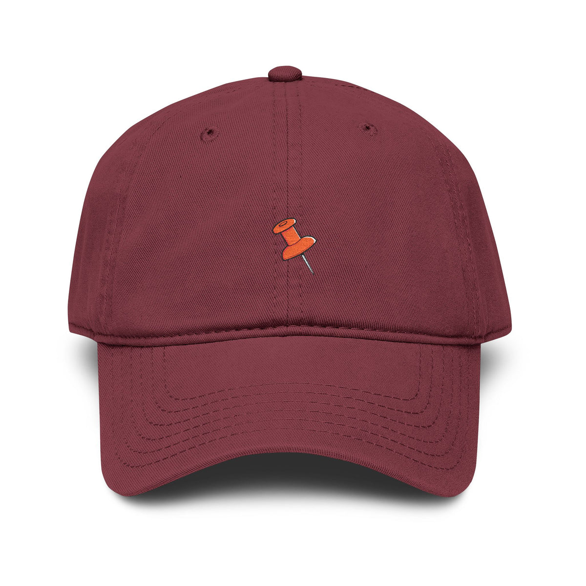 Washed Baseball Cap with Tiny Orange Pushpin Embroidery — Casual Everyday Hat Hats Printify One size Maroon