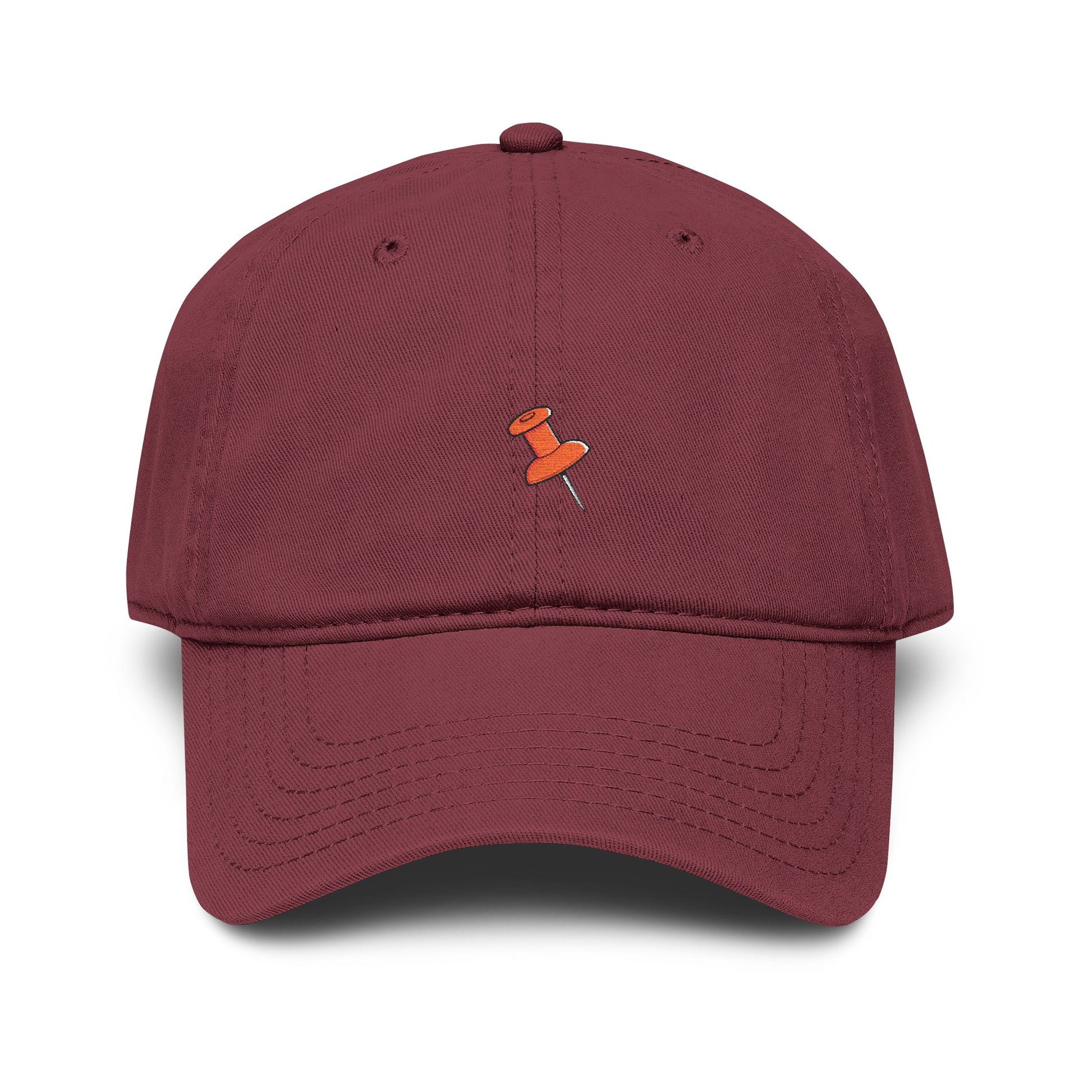 Washed Baseball Cap with Tiny Orange Pushpin Embroidery — Casual Everyday Hat Hats Printify One size Maroon