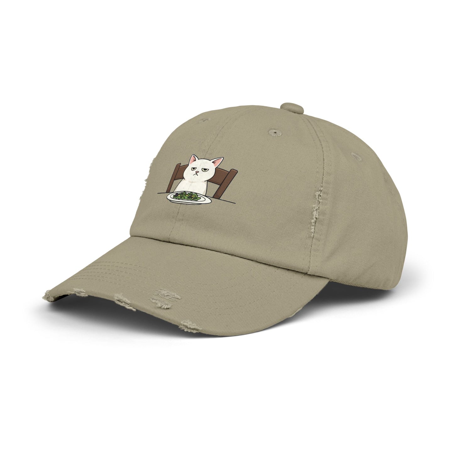 Distressed Cat At Dinner Cap — Cute White Cat Sitting at Table Baseball Hat Hats Printify