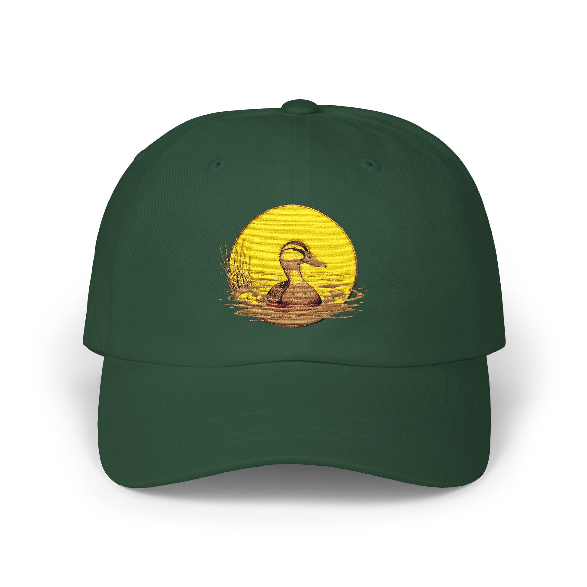 Duck Sunset Dad Cap — Embroidered Duck on Yellow Sun Baseball Hat Hats Printify Spruce One size