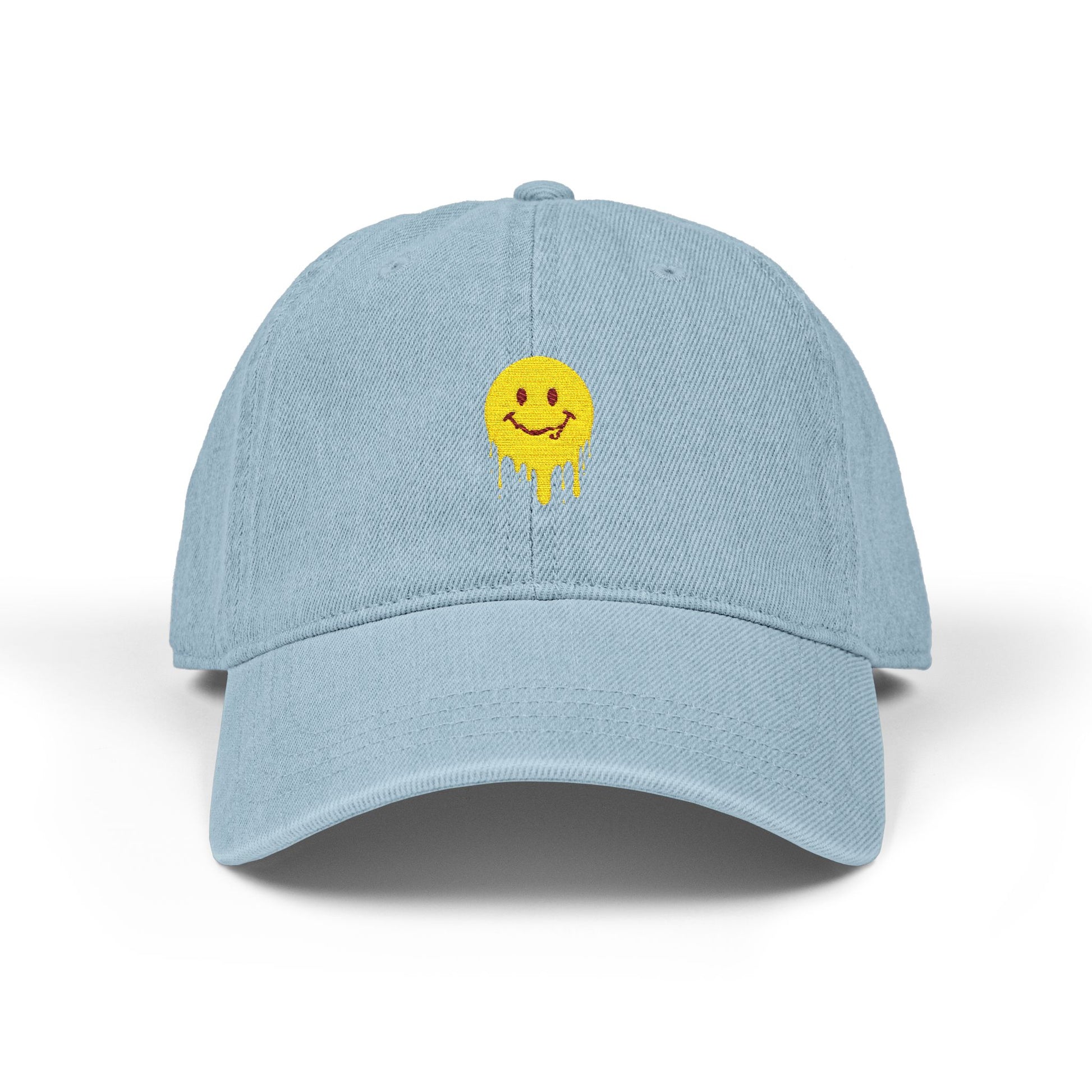 Embroidered Drip Smiley Denim Hat — Yellow Melting Smilecap Hats Printify One size Light Blue