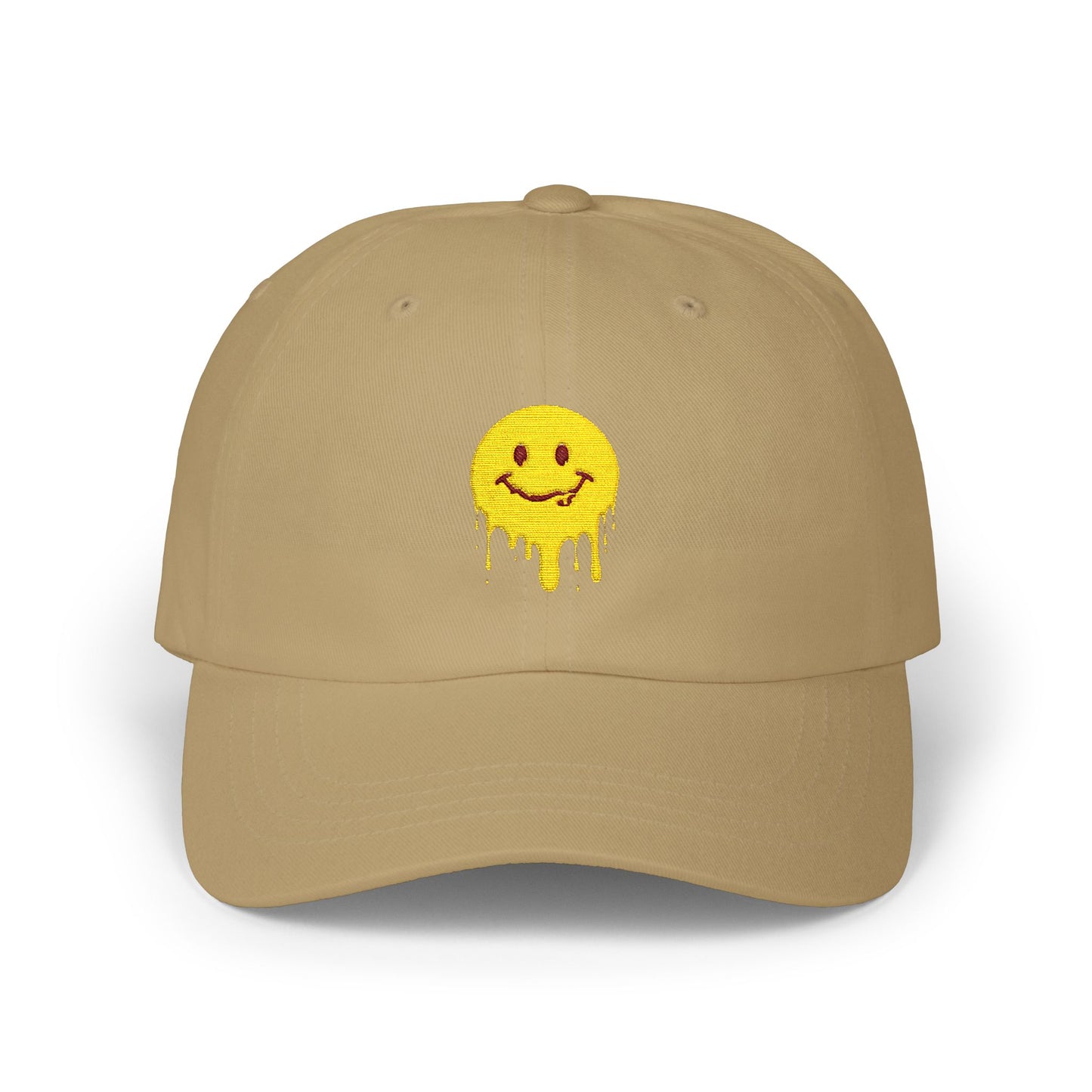 Smiling Melt Dad Cap — Dripping Smiley Embroidered Baseball Hat Hats Printify Khaki One size
