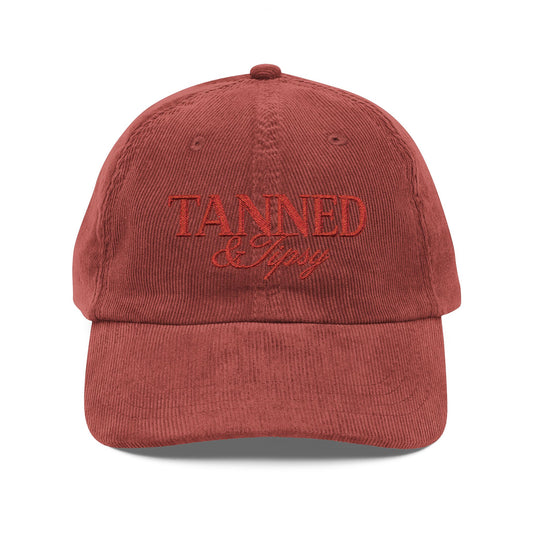Corduroy Embroidered Cap — "TANNED" Vintage Baseball Hat Hats Printify Burgundy One size