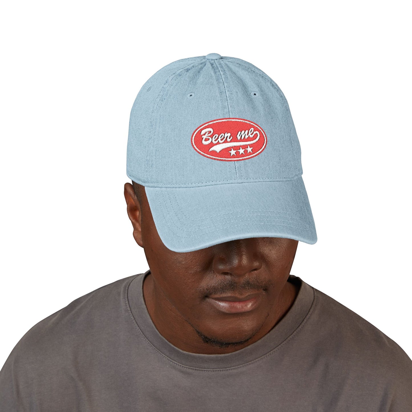 Denim Hat — Embroidered “Beer Me” Vintage Patch Cap