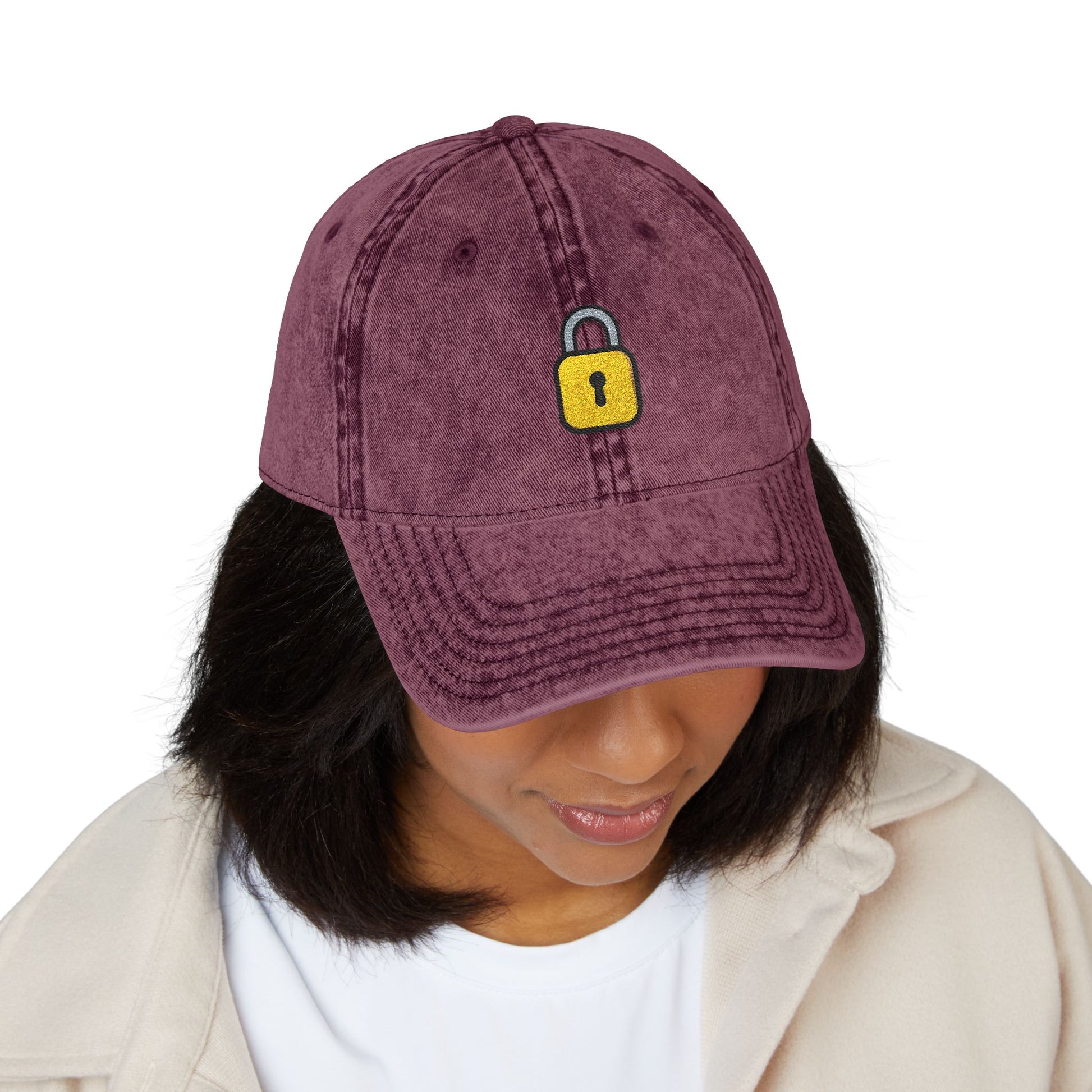 Embroidered Vintage Cap — Yellow Lock Patch Hat Hats Printify