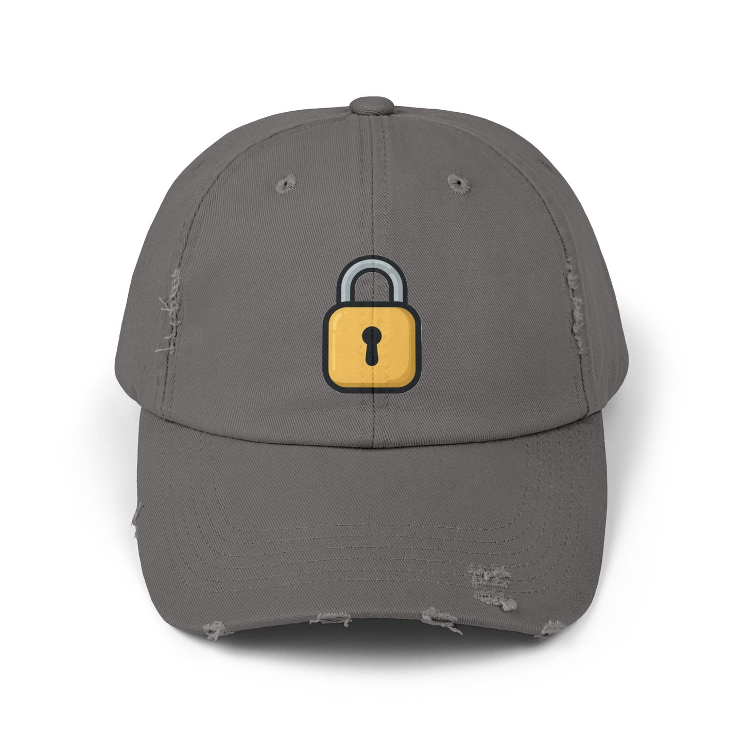 Padlock Distressed Cap — Minimal Lock Embroidered Baseball Hat Hats Printify Nickel One size