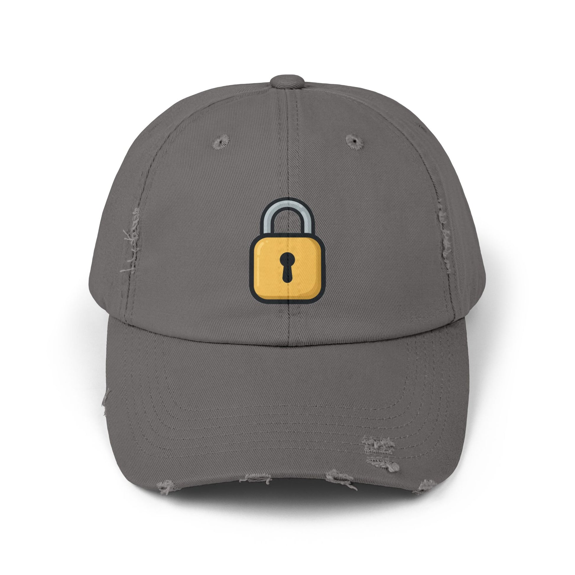 Padlock Distressed Cap — Minimal Lock Embroidered Baseball Hat Hats Printify Nickel One size