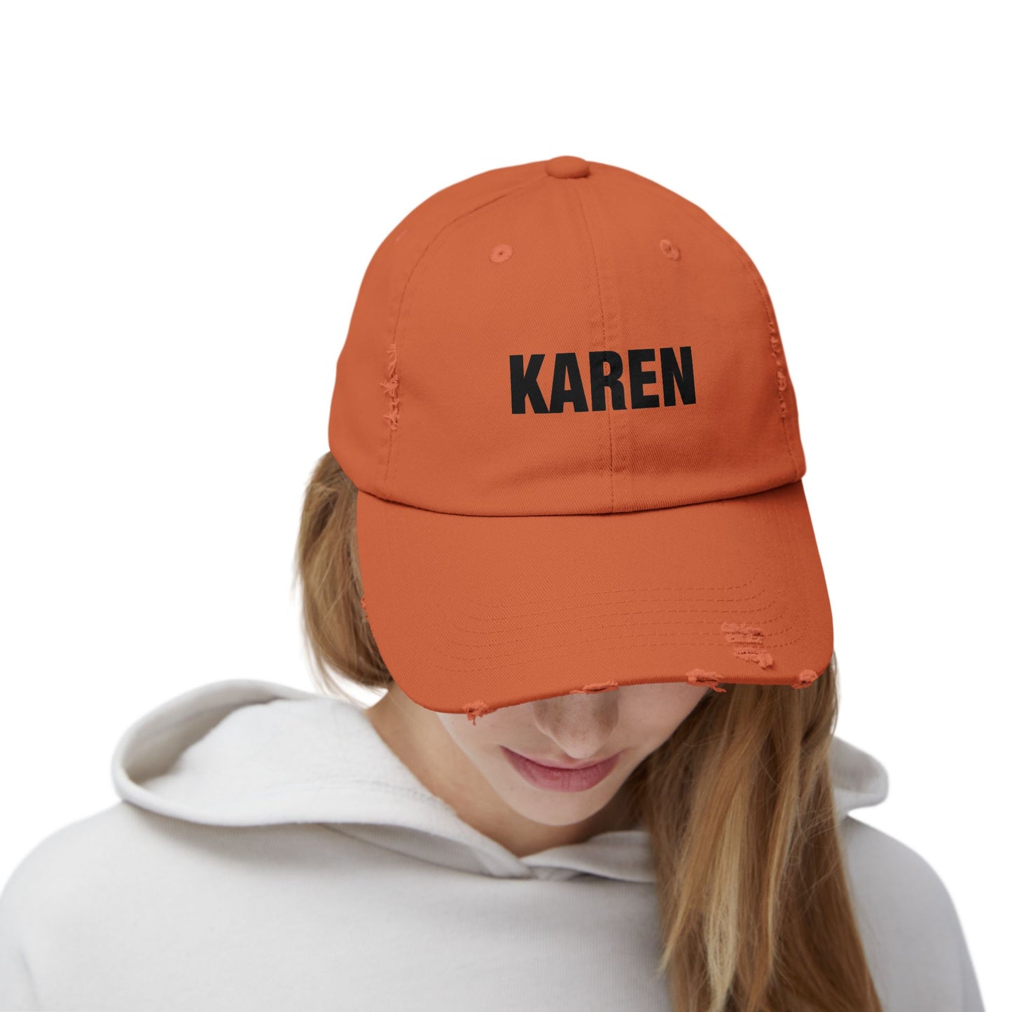 Distressed 'Karen' Baseball Cap — Black Embroidered Name Hat Hats Printify