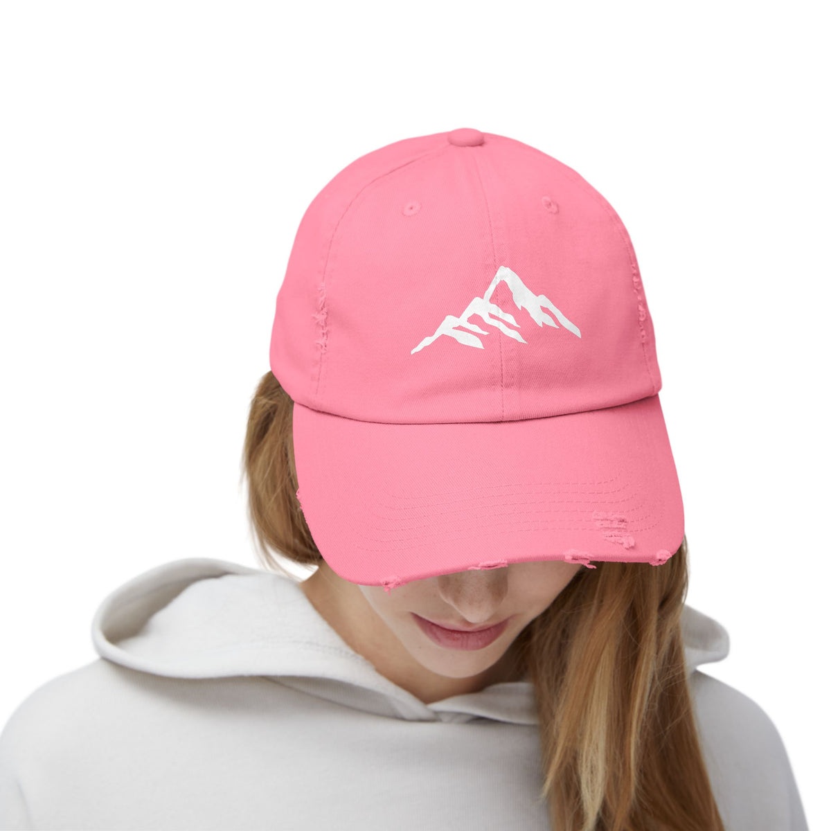 Distressed Mountain Hat — Minimal White Peak Embroidered Cap