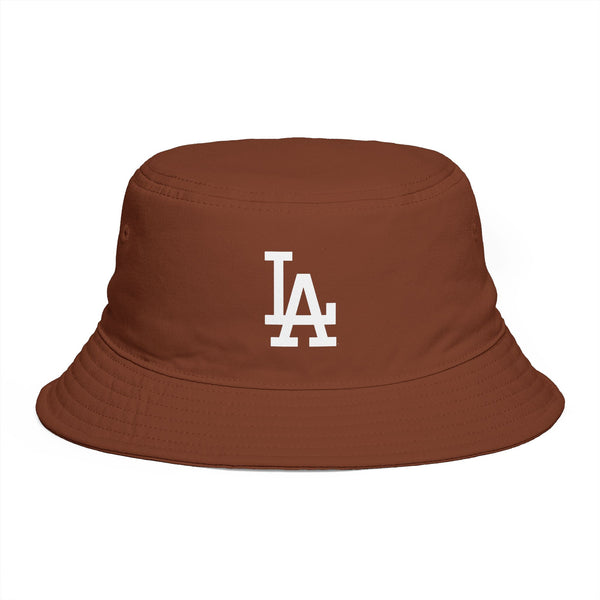 Brown LA Logo Bucket Hat — Casual Streetwear Sun Hat