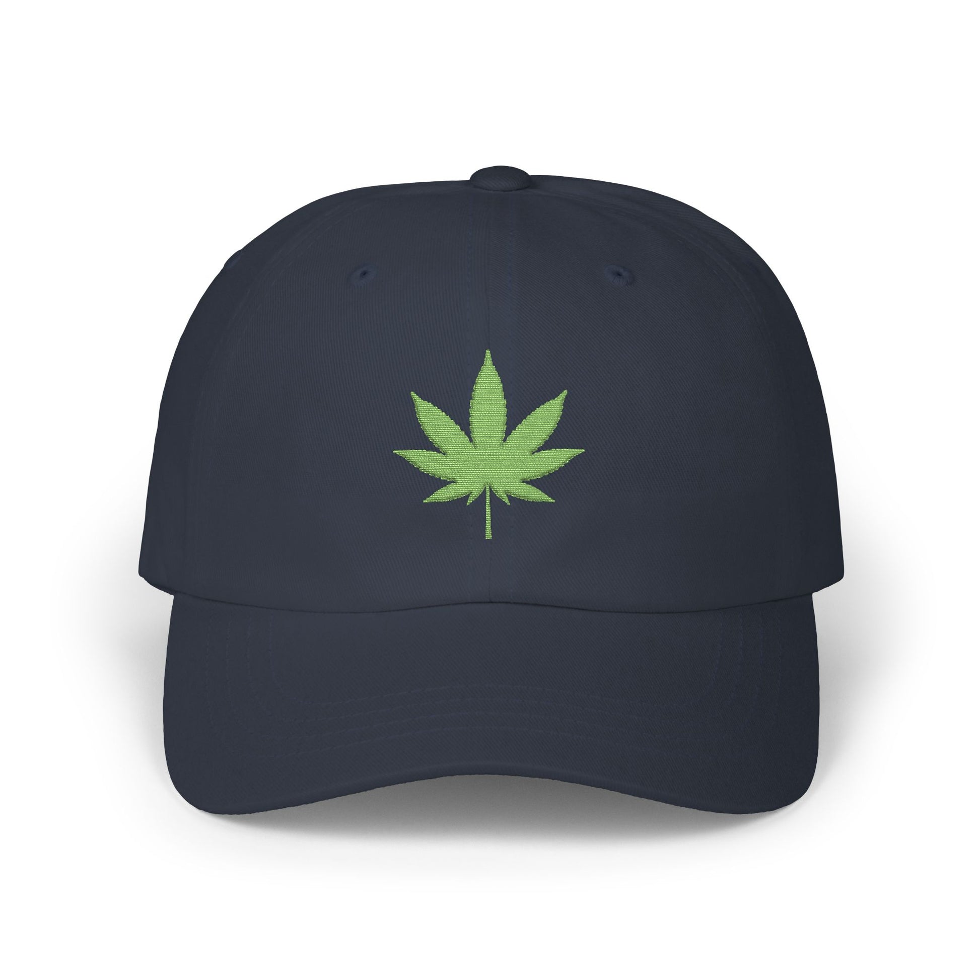 Classic Dad Cap – Embroidered Green Cannabis Leaf Baseball Hat Hats Printify Navy One size