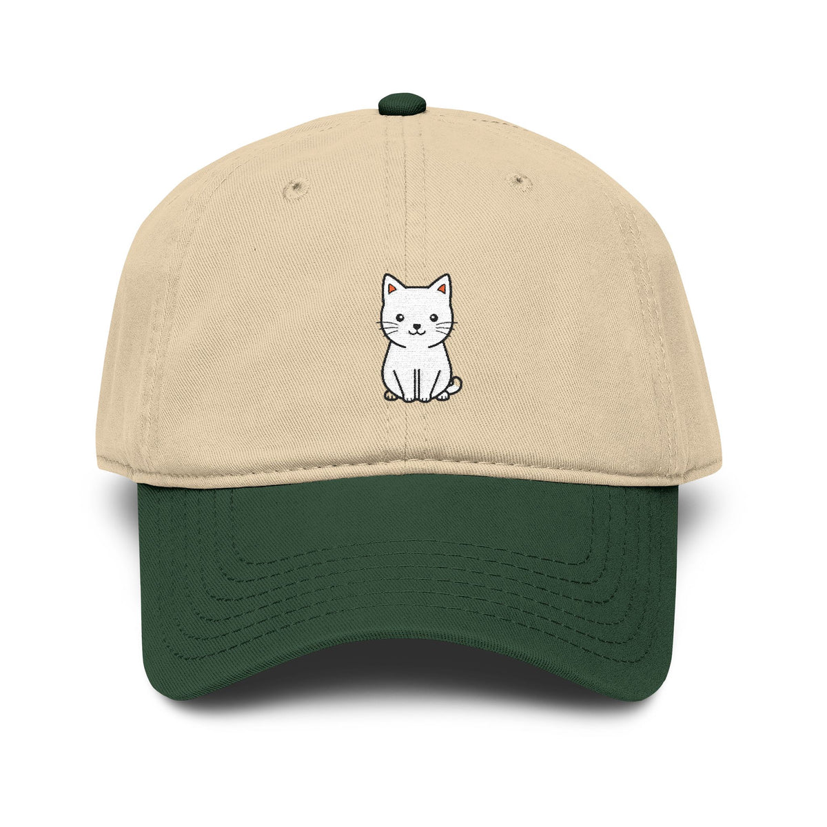 Washed Baseball Cap — Cute White Sitting Cat Embroidered Hat Hats Printify One size Dark Green / Khaki