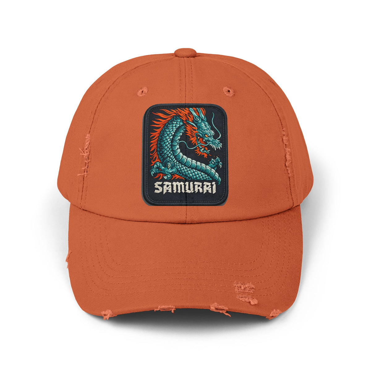 Distressed Samurai Dragon Cap — Vintage Retro Japanese Dragon Baseball Hat Hats Printify Burnt Orange One size