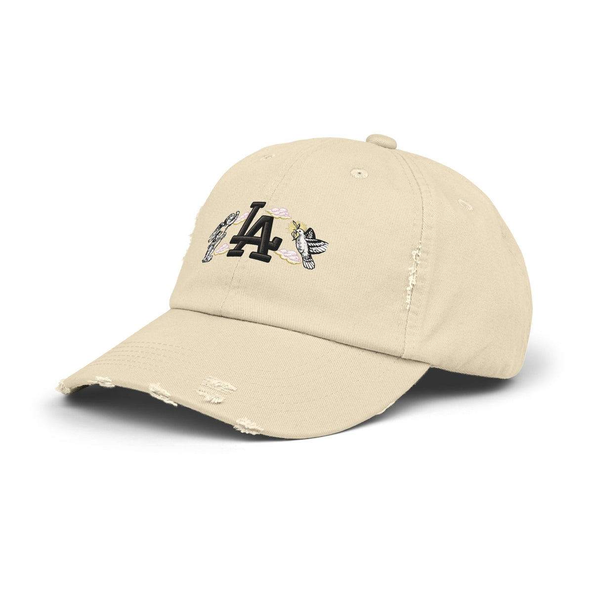 Distressed Baseball Cap — LA Logo with Angel Wings & Clouds Hats Printify
