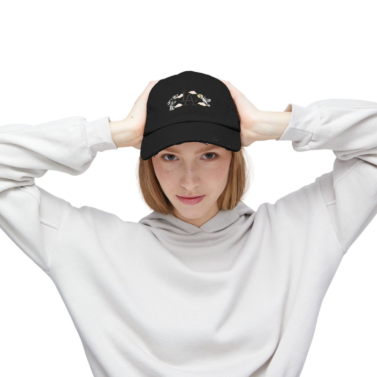 Distressed Baseball Cap — LA Logo with Angel Wings & Clouds Hats Printify