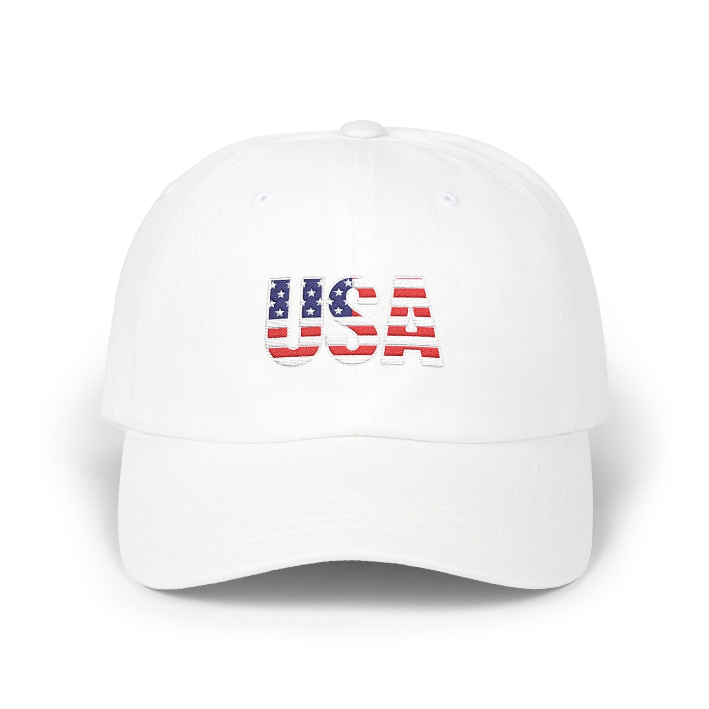 USA Flag Embroidered Dad Cap — Patriotic Classic Baseball Hat for Fourth of July Hats Printify White One size