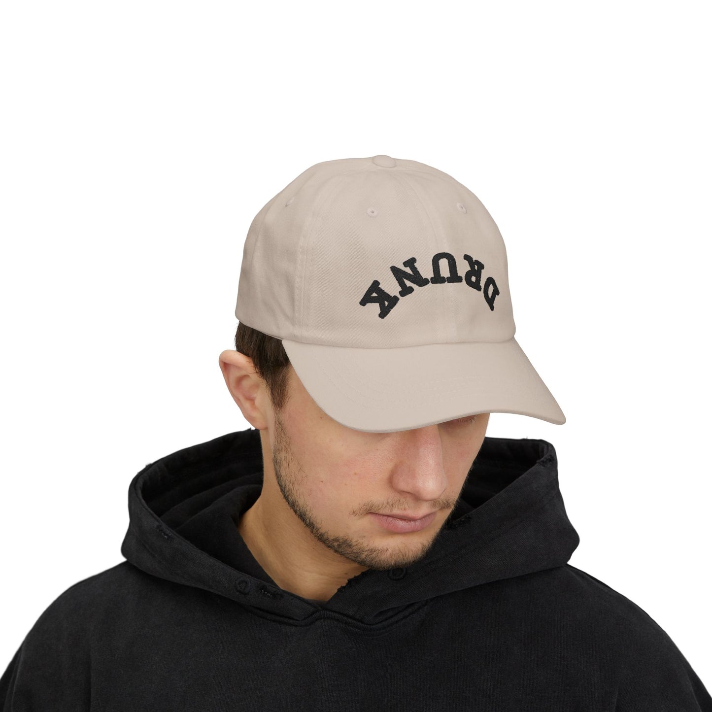 Dad Cap – 'DRUNK' Arch Embroidered White Baseball Hat