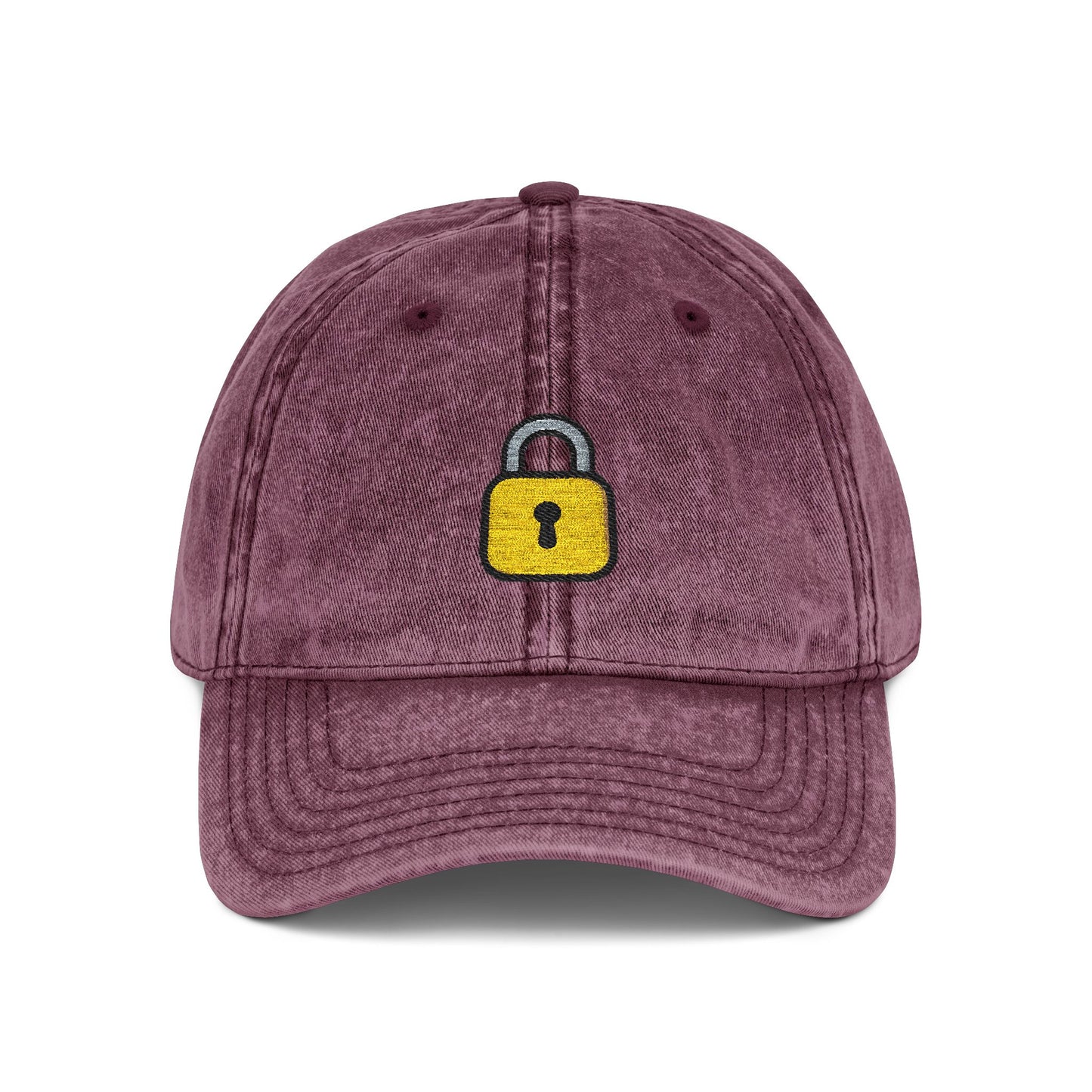 Embroidered Vintage Cap — Yellow Lock Patch Hat Hats Printify One size Maroon