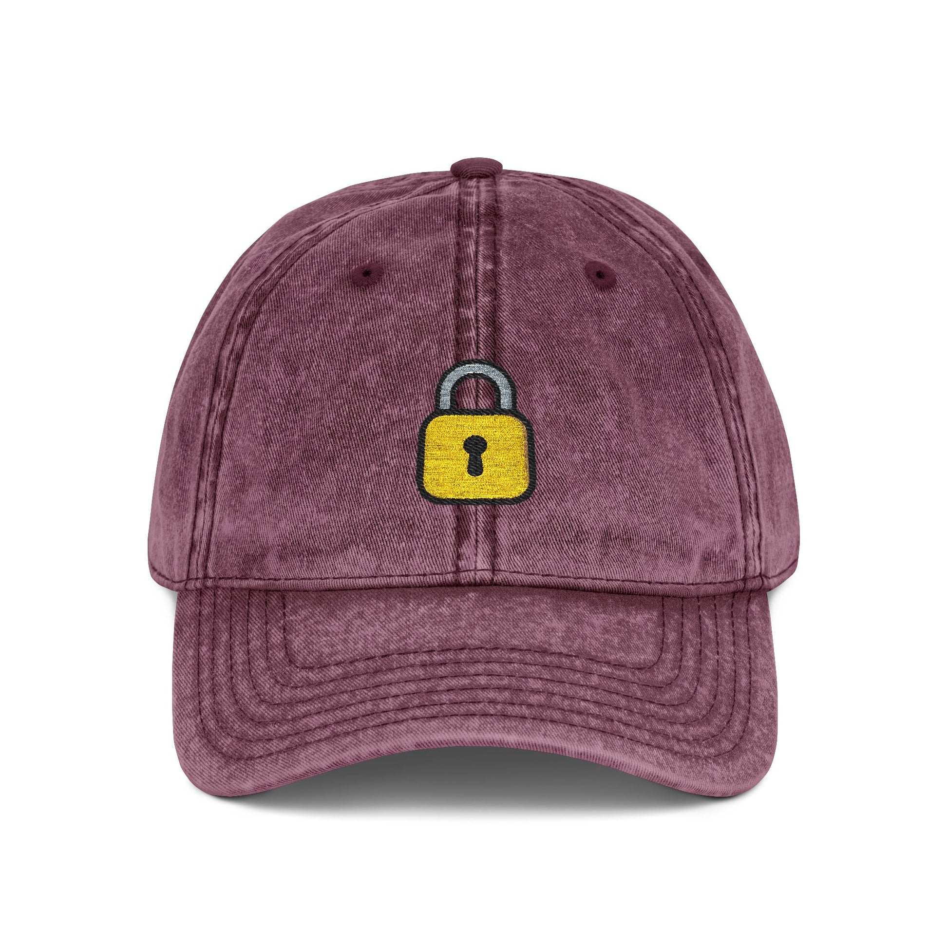 Embroidered Vintage Cap — Yellow Lock Patch Hat Hats Printify One size Maroon