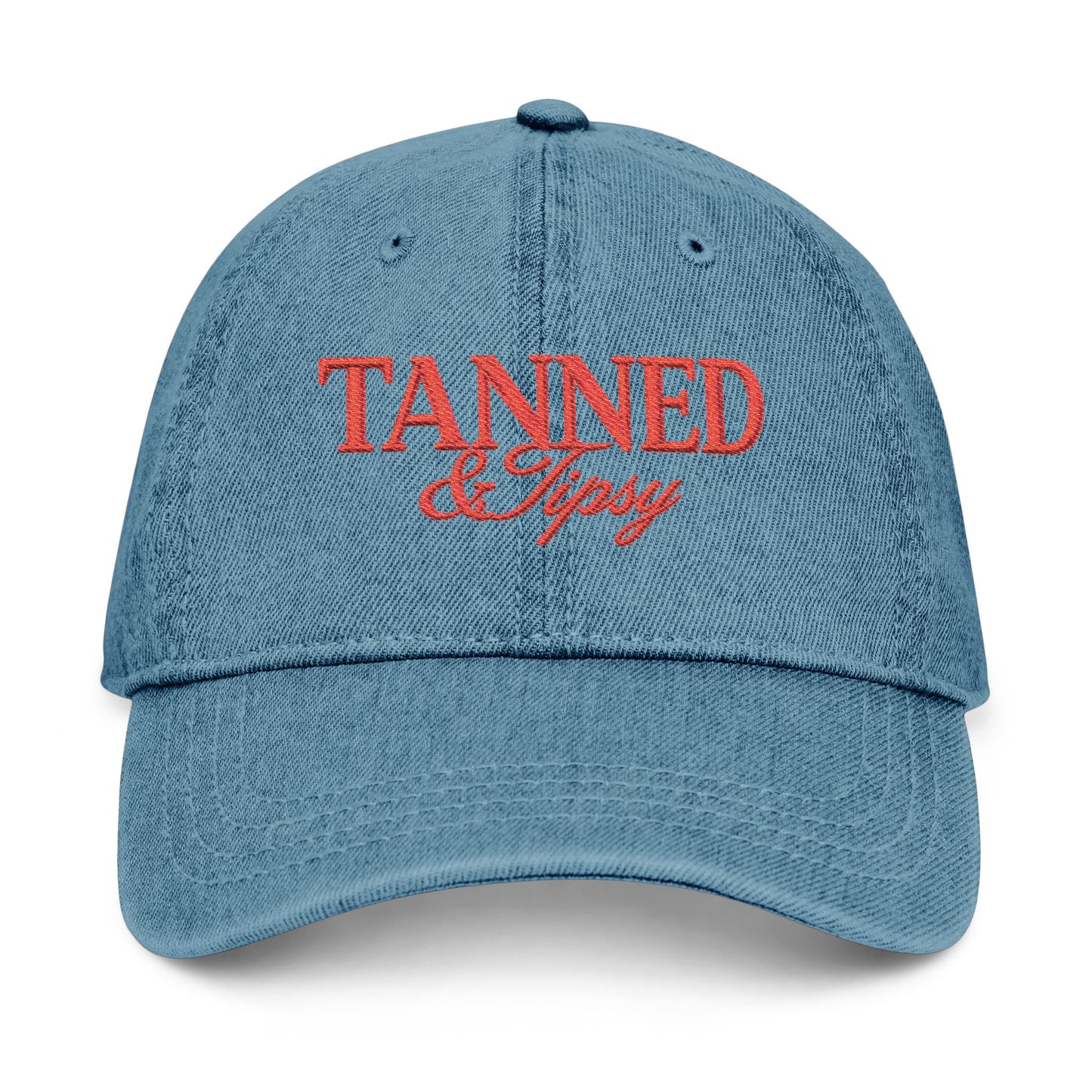 Tanned & Tipsy Embroidered Hat — Casual Denim Cap for Beach Days & Vacations