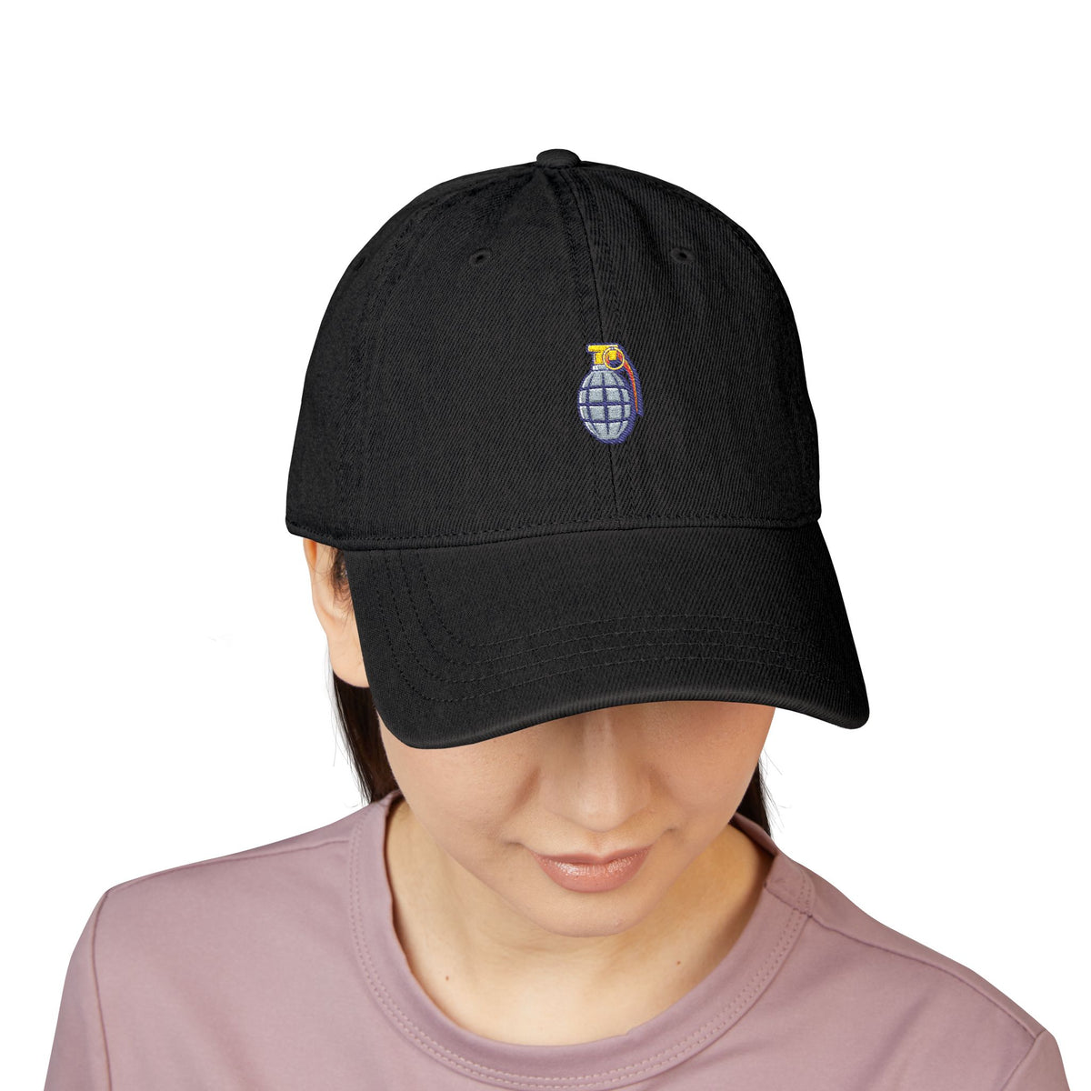 Embroidered Grenade Cap – Military-Inspired Black Denim Hat Hats Printify