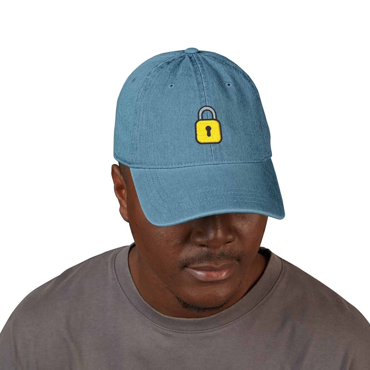 Embroidered Lock Denim Hat — Minimal Yellow Padlock Cap