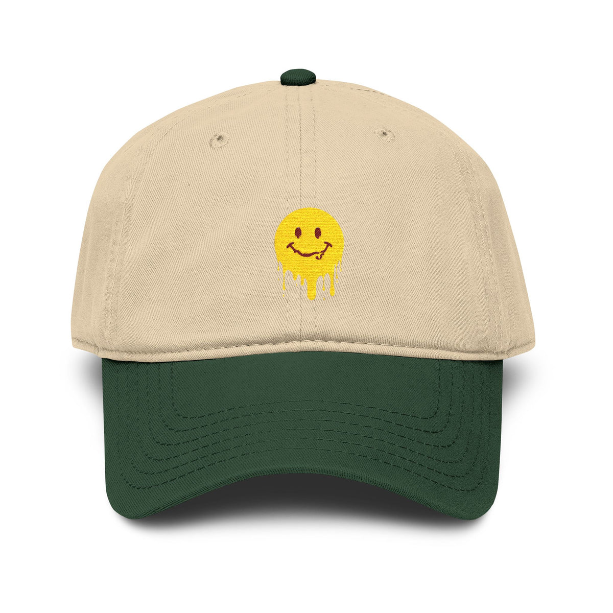 Washed Baseball Cap — Drippy Yellow Smile Embroidered Hat Hats Printify One size Dark Green / Khaki